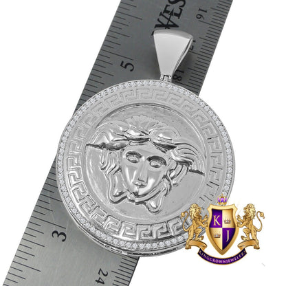 14k White Gold On Genuine Sterling Silver Simulated Diamond Lady Custom Pendant Medallion Charm Big 2.50''