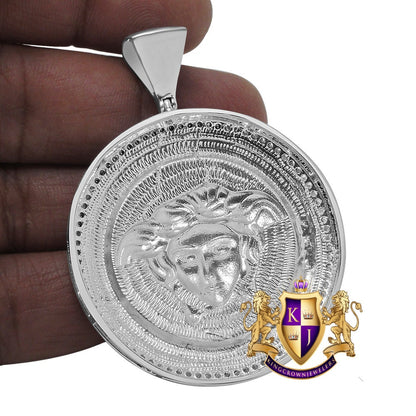 14k White Gold On Genuine Sterling Silver Simulated Diamond Lady Custom Pendant Medallion Charm Big 2.50''