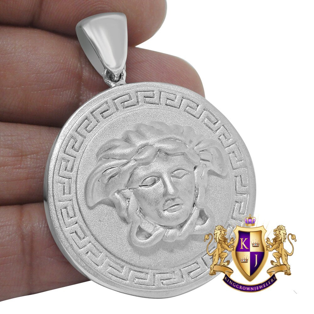 Men's White Matte Satin Finish Real Sterling Silver Greek Lady Custom Round Charm Pendent  38 + Grams