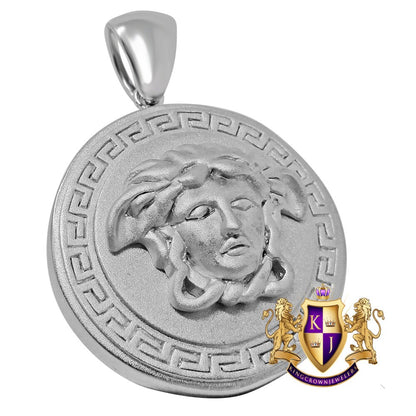 Men's White Matte Satin Finish Real Sterling Silver Greek Lady Custom Round Charm Pendent  38 + Grams