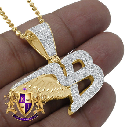 Real Genuine Yellow Gold Sterling Silver Simulated Diamond Flying B Symbol Logo Necklace Charm Pendant Set