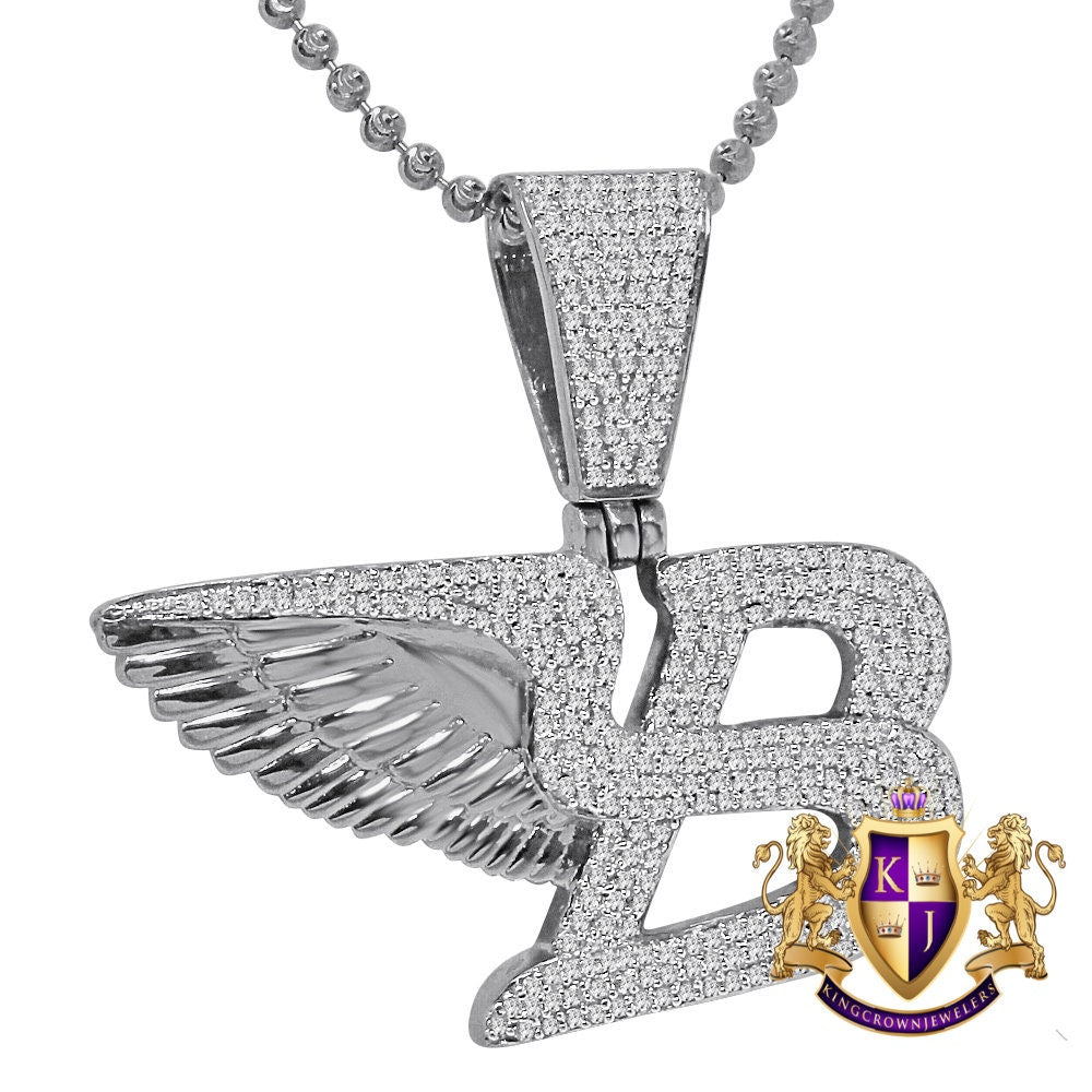 14K White Gold On Real Sterling Silver Simulated Diamond Flying B Symbol Logo Necklace Charm Pendant Set