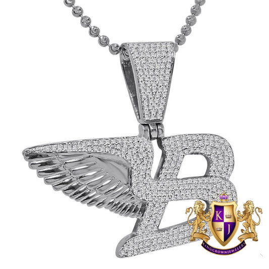 14K White Gold On Real Sterling Silver Simulated Diamond Flying B Symbol Logo Necklace Charm Pendant Set