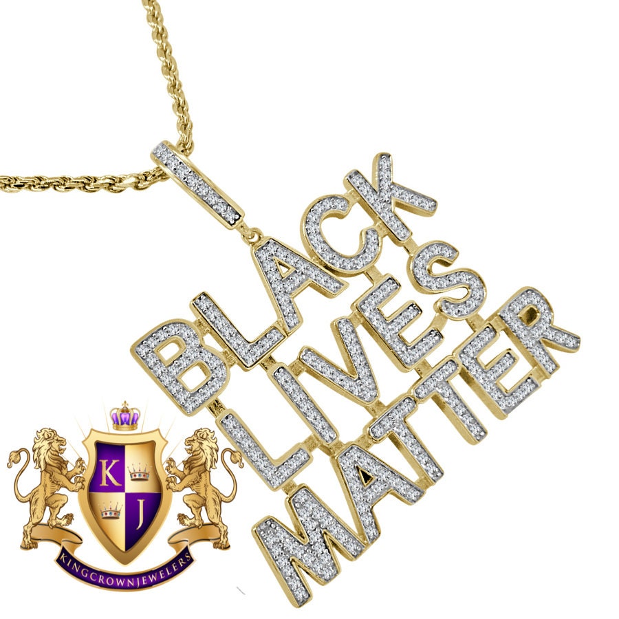 14K Yellow Gold On Real Sterling Silver Black Lives Matter Simulated Diamond Pendant Charm Chain Set