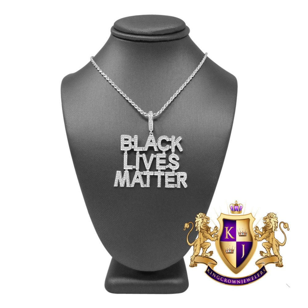 14K White Gold On Real Sterling Silver Black Lives Matter Simulated Diamond Pendant Charm Chain Set