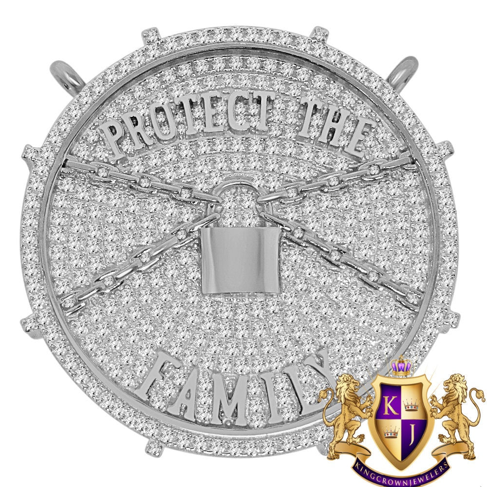 Exclusive Custom Piece 14K White Gold Over Real Sterling Silver Protect The Family 3D Pendant Medallion Charm 41 + Grams