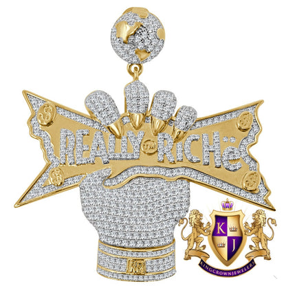 Big Bold 3'' Real Sterling Silver Yellow Gold Finish Simulated Diamond Really Riche Custom Charm Pendent