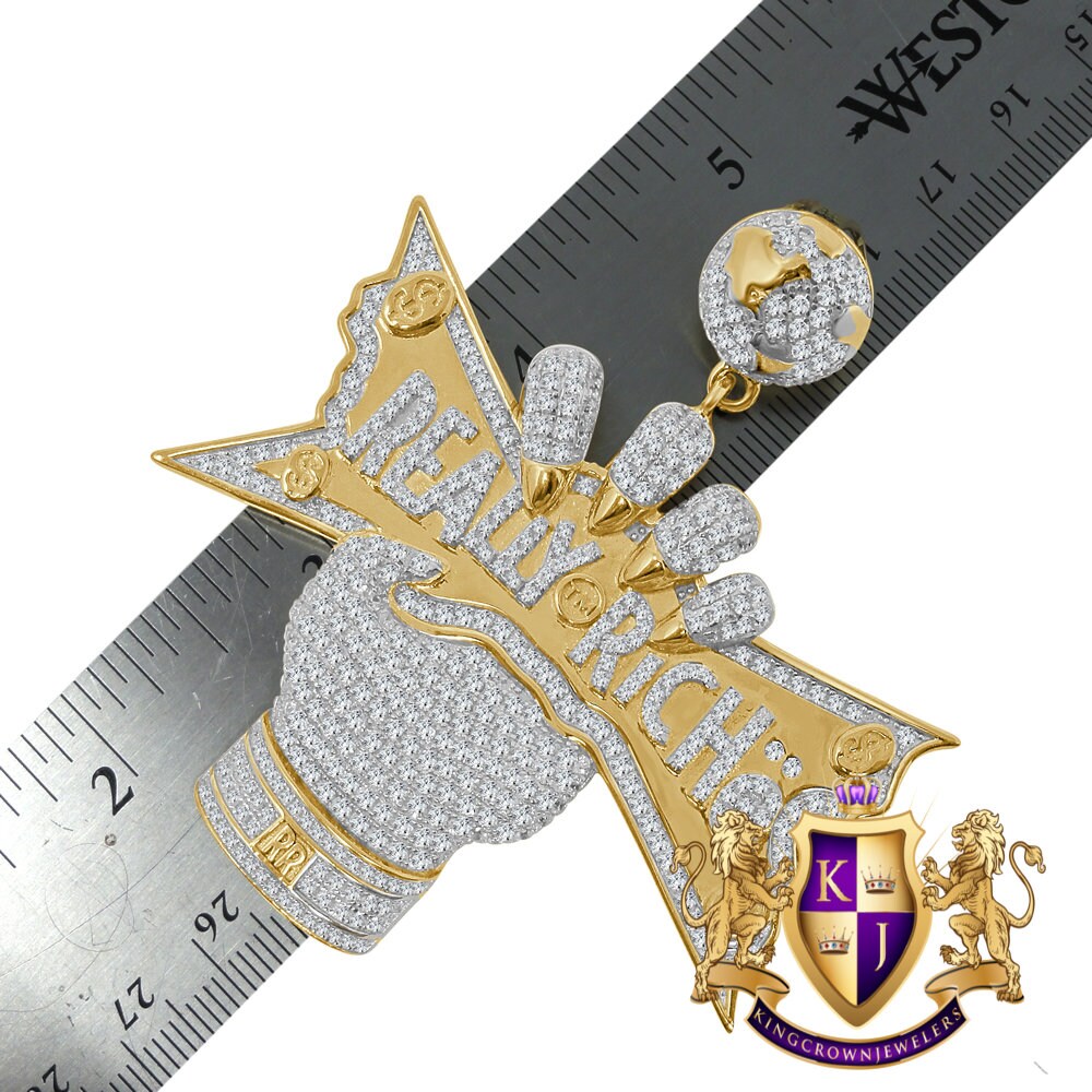 Big Bold 3'' Real Sterling Silver Yellow Gold Finish Simulated Diamond Really Riche Custom Charm Pendent