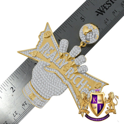 Big Bold 3'' Real Sterling Silver Yellow Gold Finish Simulated Diamond Really Riche Custom Charm Pendent