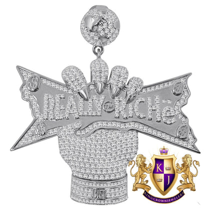 Big Bold 3'' Real Sterling Silver White Gold Finish Simulated Diamond Really Riche Custom Charm Pendent