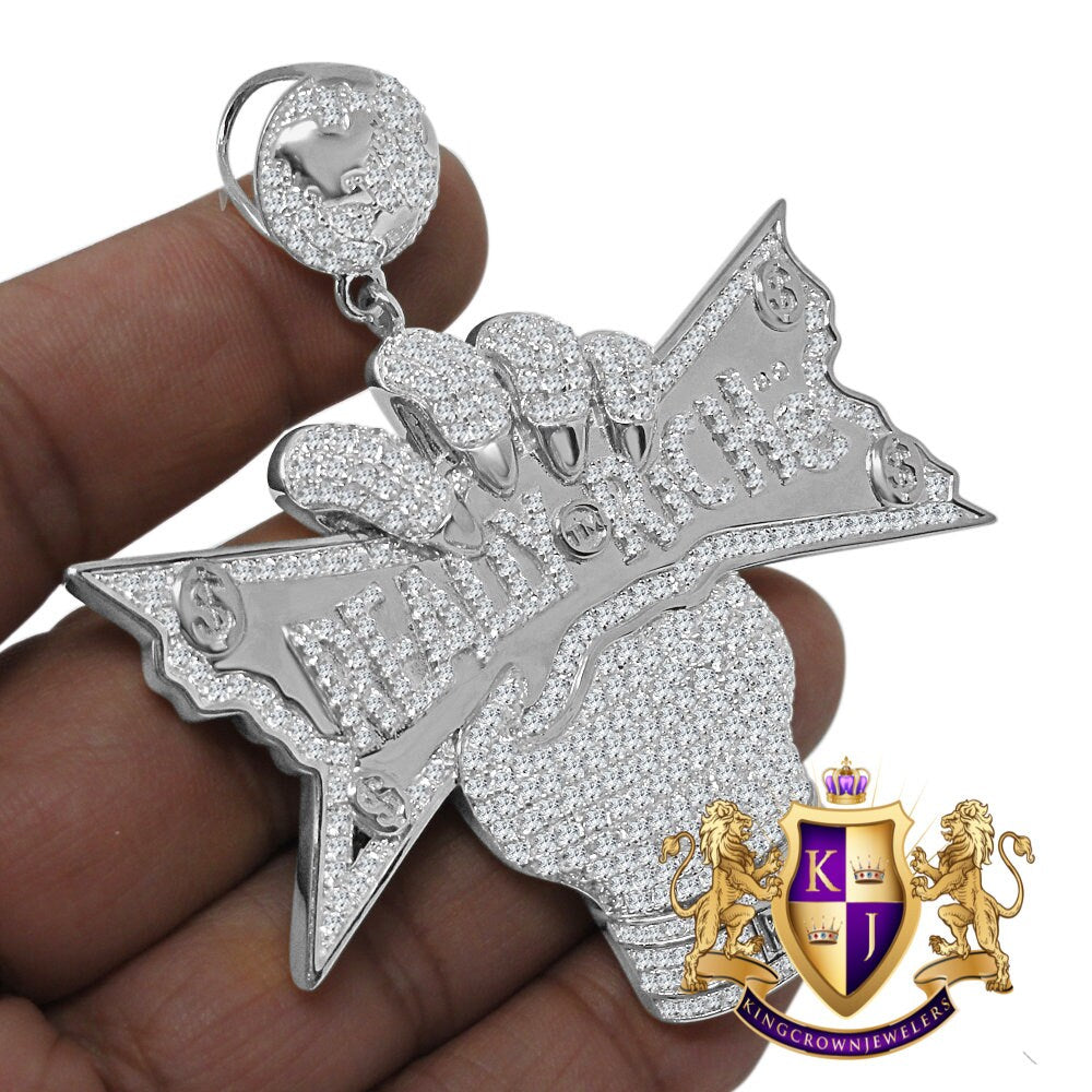Big Bold 3'' Real Sterling Silver White Gold Finish Simulated Diamond Really Riche Custom Charm Pendent
