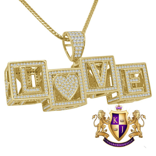 Two Sided Celebrity Wear Real Yellow Gold Sterling Silver LOVE F**K Simulated Diamond Pendent Charm Chain Set