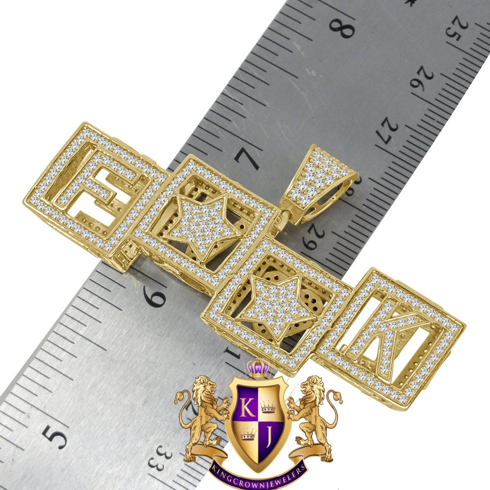 Two Sided Celebrity Wear Real Yellow Gold Sterling Silver LOVE F**K Simulated Diamond Pendent Charm Chain Set