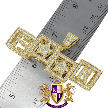Two Sided Celebrity Wear Real Yellow Gold Sterling Silver LOVE F**K Simulated Diamond Pendent Charm Chain Set