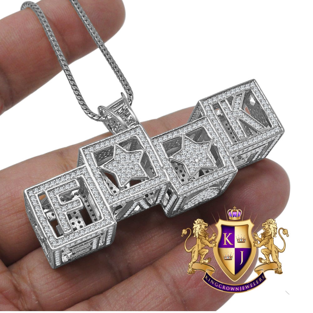 Two Sided Celebrity Wear Real White Gold On Sterling Silver LOVE F**K Simulated Diamond Pendent Charm Chain Set