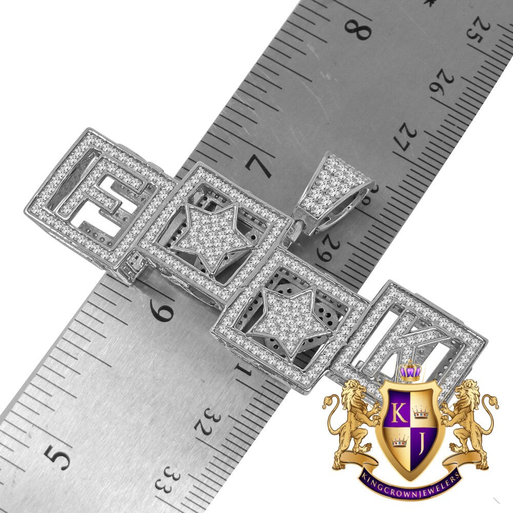 Two Sided Celebrity Wear Real White Gold On Sterling Silver LOVE F**K Simulated Diamond Pendent Charm Chain Set