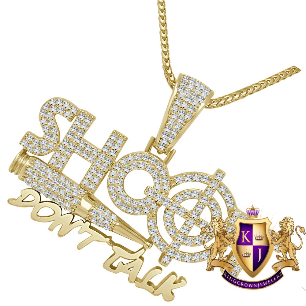 Real Yellow Gold Sterling Silver Simulated Diamond SHOOT DONT TALK Charm Custom Pendent + Chain