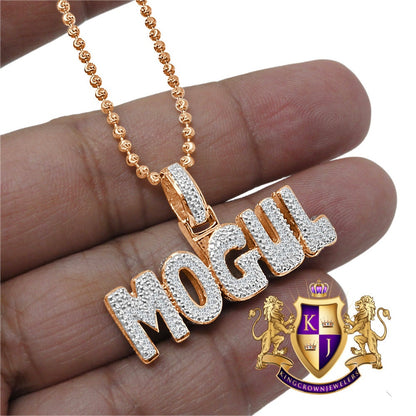 Genuine Sterling Silver Rose Gold Finish Mogul Charm Pendant Lab Simulated Diamond Chain Set