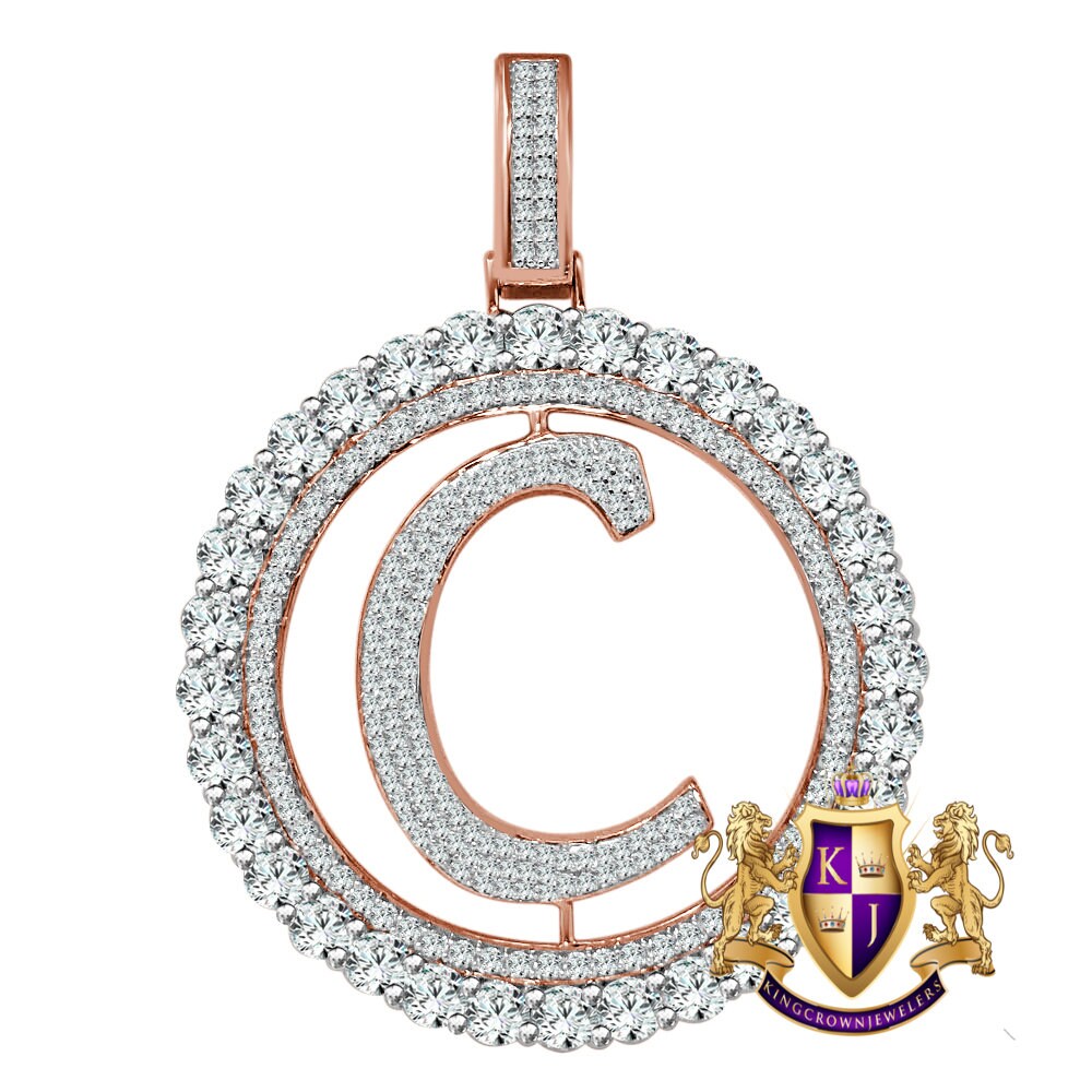 Big XL 3'' Solitaire Real Sterling Silver Gold Finish Simulated Diamond Initial Letter Alphabet "C" Pendent Charm Medallion