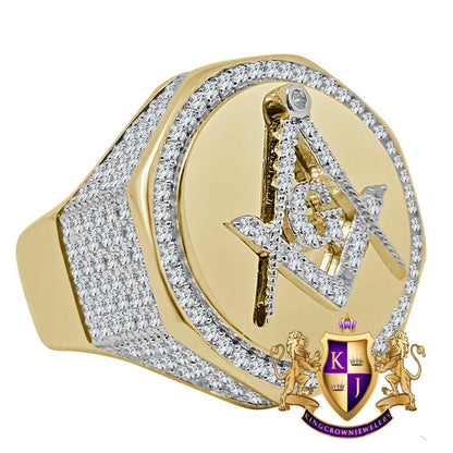 Men's Big Bold 22mm Genuine Real Sterling Silver 14k Yellow Gold On Masonic Freemason Mason G Compass 4.00 Cwt. Simulated Diamond Ring Band