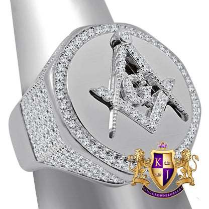 Men's Big Bold 22mm Genuine Real Sterling Silver 14k White Gold Over Masonic Freemason Mason G Compass 4.00 Cwt. Simulated Diamond Ring Band