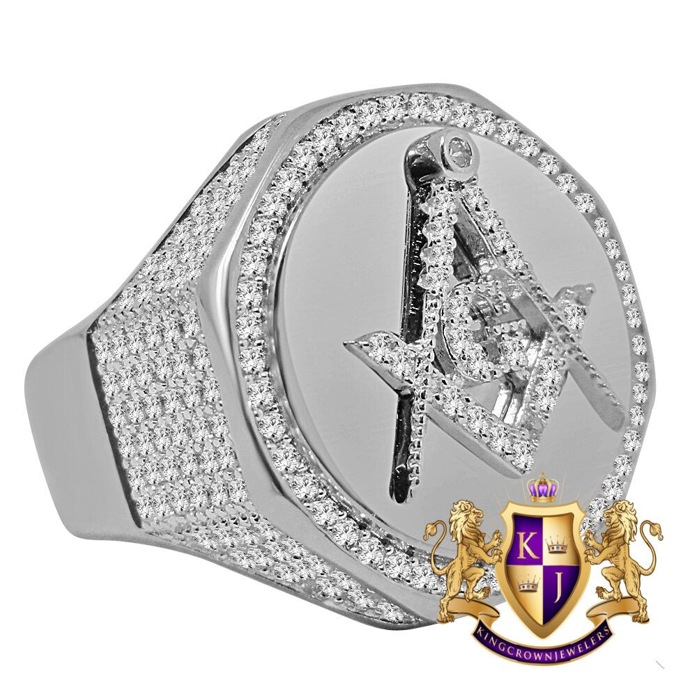 Men's Big Bold 22mm Genuine Real Sterling Silver 14k White Gold Over Masonic Freemason Mason G Compass 4.00 Cwt. Simulated Diamond Ring Band