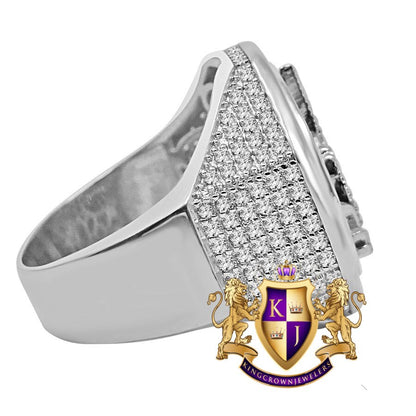 Men's Big Bold 22mm Genuine Real Sterling Silver 14k White Gold Over Masonic Freemason Mason G Compass 4.00 Cwt. Simulated Diamond Ring Band