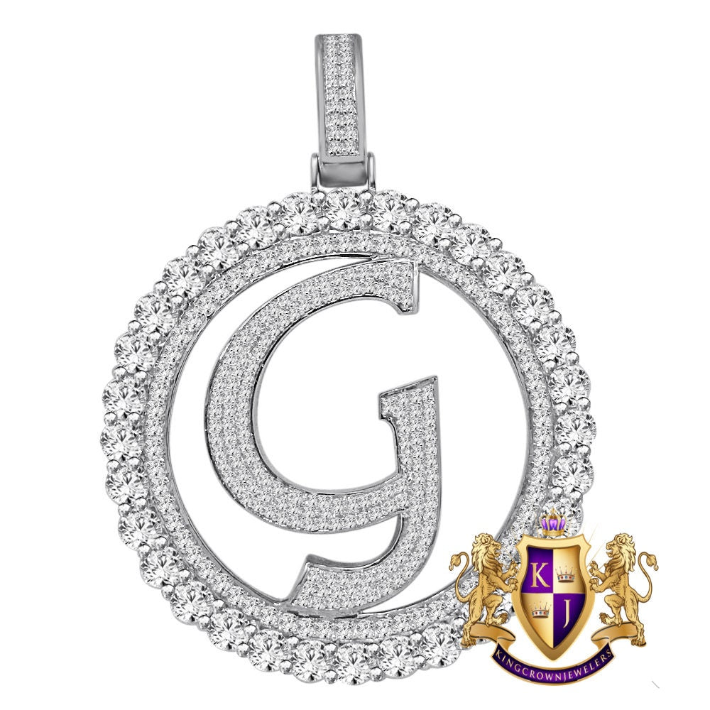 Big XL 3'' Solitaire Real Sterling Silver Gold Finish Simulated Diamond Initial Letter Alphabet "G" Pendent Charm Medallion