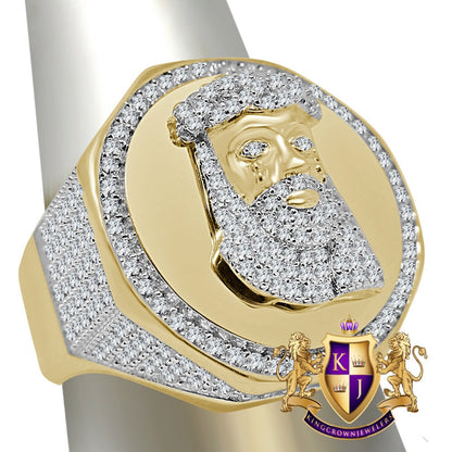 Mens Real Yellow Gold On Sterling Silver Simulated Diamond Jesus Christ Face Lab Diamond Ring Band