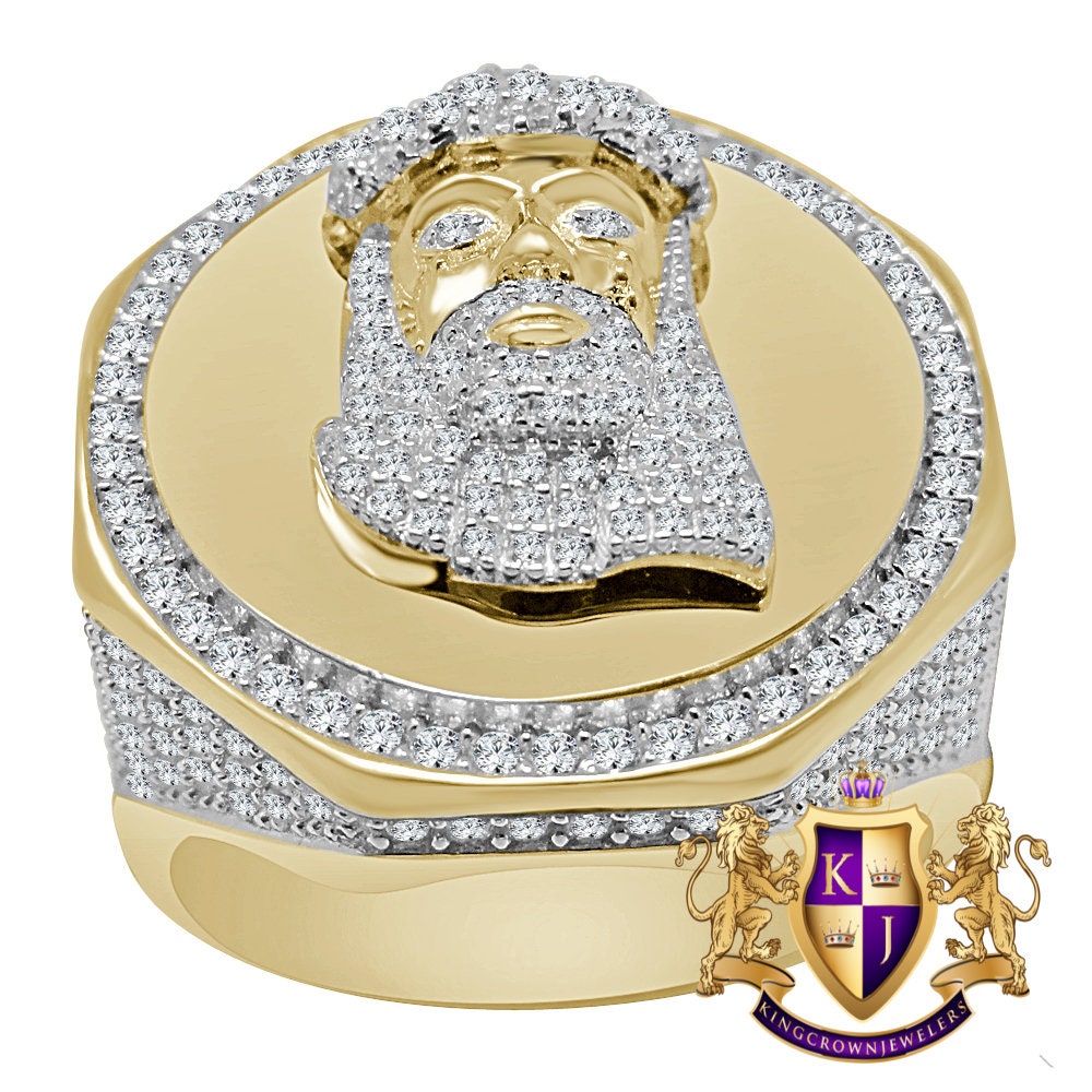 Mens Real Yellow Gold On Sterling Silver Simulated Diamond Jesus Christ Face Lab Diamond Ring Band
