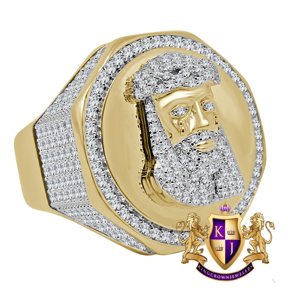 Mens Real Yellow Gold On Sterling Silver Simulated Diamond Jesus Christ Face Lab Diamond Ring Band