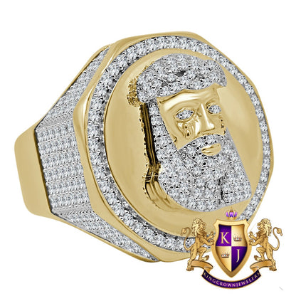Mens Real Yellow Gold On Sterling Silver Simulated Diamond Jesus Christ Face Lab Diamond Ring Band