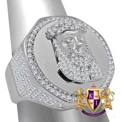 Mens Real White Gold On Sterling Silver Simulated Diamond Jesus Christ Face Lab Diamond Ring Band