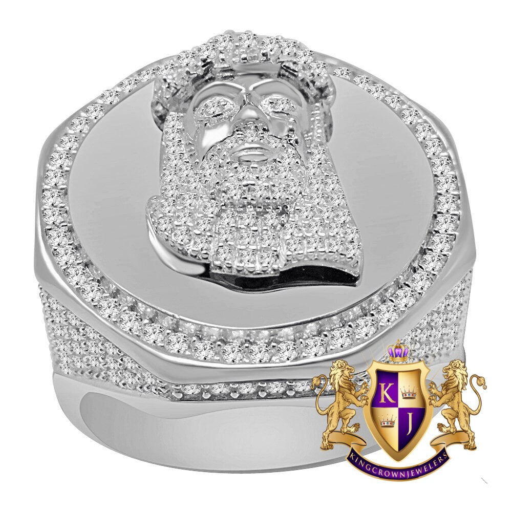 Mens Real White Gold On Sterling Silver Simulated Diamond Jesus Christ Face Lab Diamond Ring Band