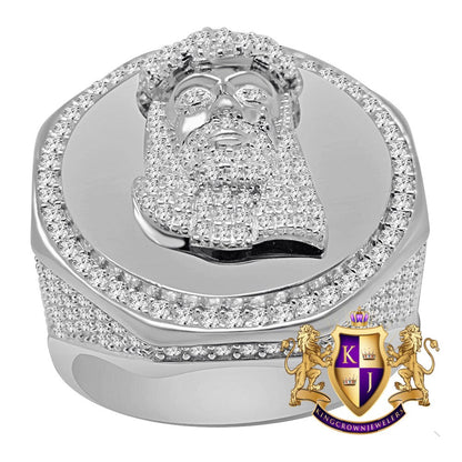Mens Real White Gold On Sterling Silver Simulated Diamond Jesus Christ Face Lab Diamond Ring Band