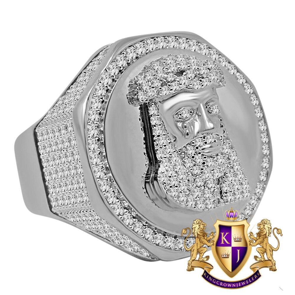 Mens Real White Gold On Sterling Silver Simulated Diamond Jesus Christ Face Lab Diamond Ring Band