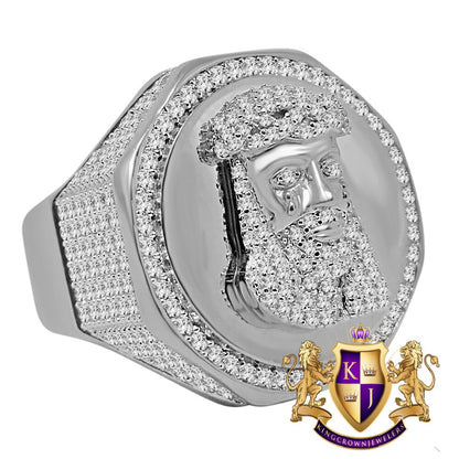 Mens Real White Gold On Sterling Silver Simulated Diamond Jesus Christ Face Lab Diamond Ring Band