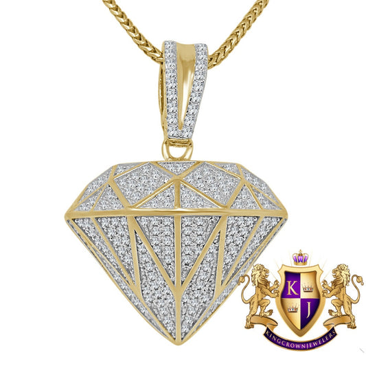 Real Yellow Gold Sterling Silver Simulated Diamond Shape 3D Custom Pendent Charm Chain Set