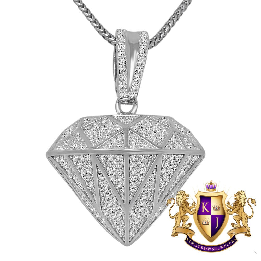 14K White Gold Over Pure Sterling Silver Simulated Diamond Shape 3D Custom Pendent Charm Chain Set