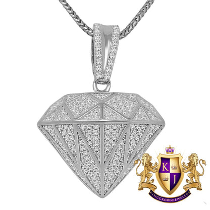 14K White Gold Over Pure Sterling Silver Simulated Diamond Shape 3D Custom Pendent Charm Chain Set