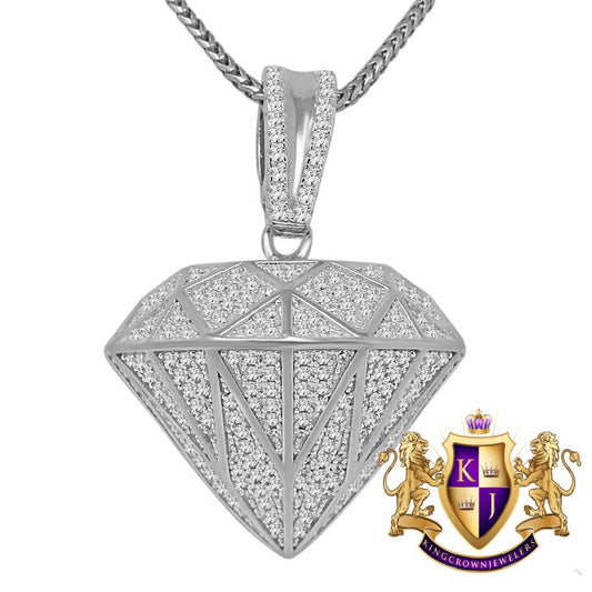 14K White Gold Over Pure Sterling Silver Simulated Diamond Shape 3D Custom Pendent Charm Chain Set