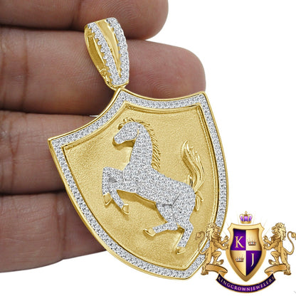 Mens Custom Piece Luxury Car Horse Shield Charm Real Yellow Gold Silver Simulated Diamond Pendent 2.5''