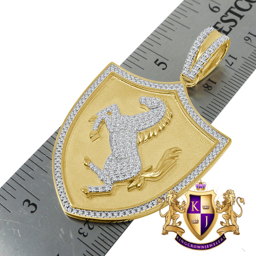 Mens Custom Piece Luxury Car Horse Shield Charm Real Yellow Gold Silver Simulated Diamond Pendent 2.5''