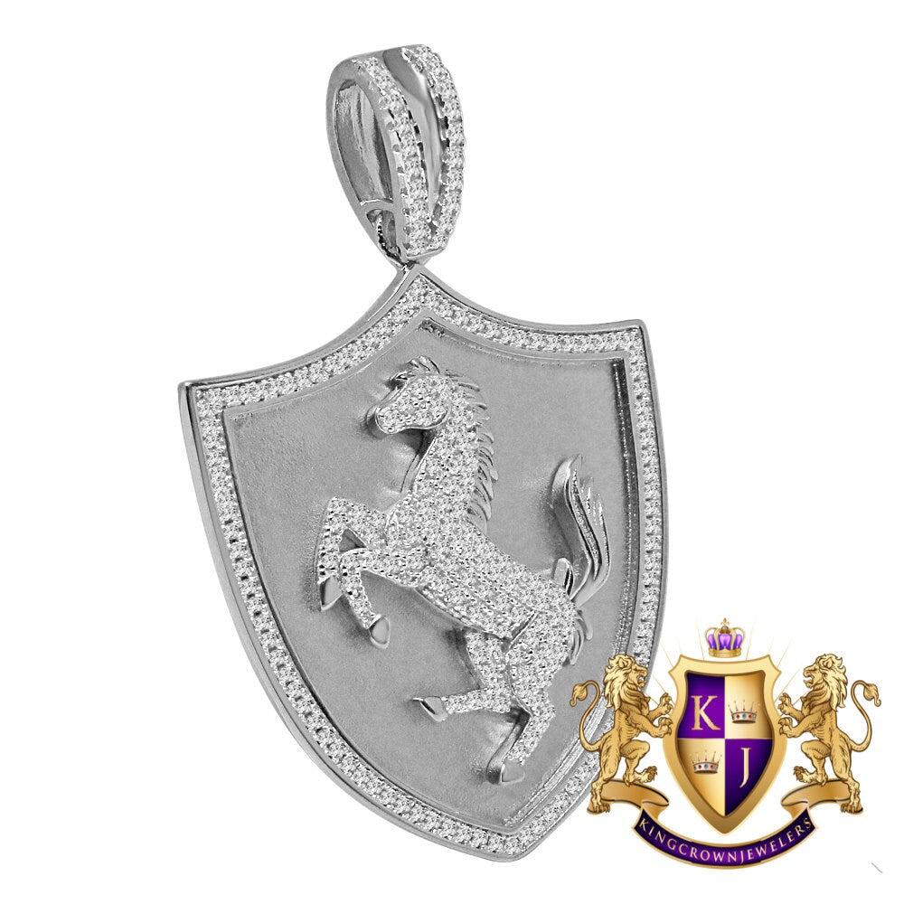 Mens Custom Piece Luxury Car Horse Shield Charm 14K White Gold On Real Silver Simulated Diamond Pendent 2.5''