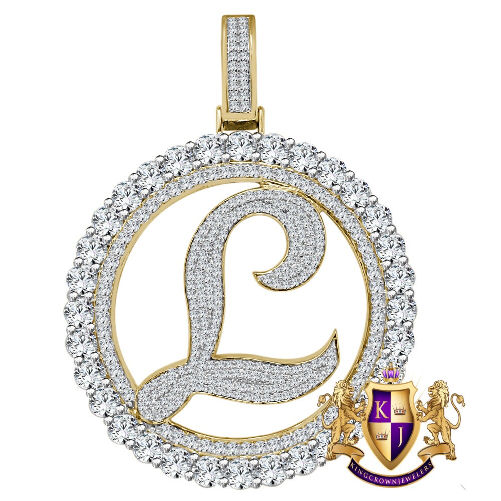 Big XL 3'' Solitaire Real Sterling Silver Gold Finish Simulated Diamond Initial Letter Alphabet "L" Pendent Charm Medallion