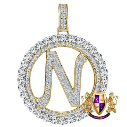 Big XL 3'' Solitaire Real Sterling Silver Gold Finish Simulated Diamond Initial Letter Alphabet "N" Pendent Charm Medallion