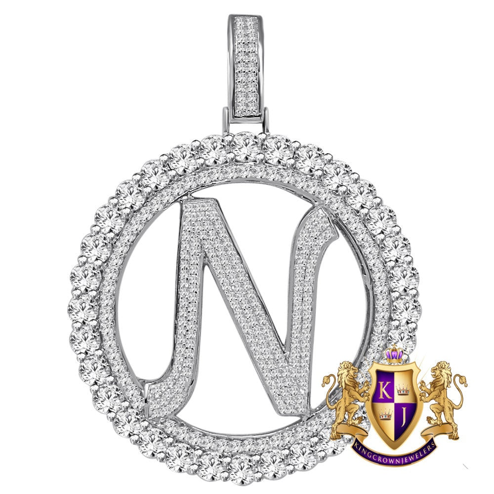 Big XL 3'' Solitaire Real Sterling Silver Gold Finish Simulated Diamond Initial Letter Alphabet "N" Pendent Charm Medallion