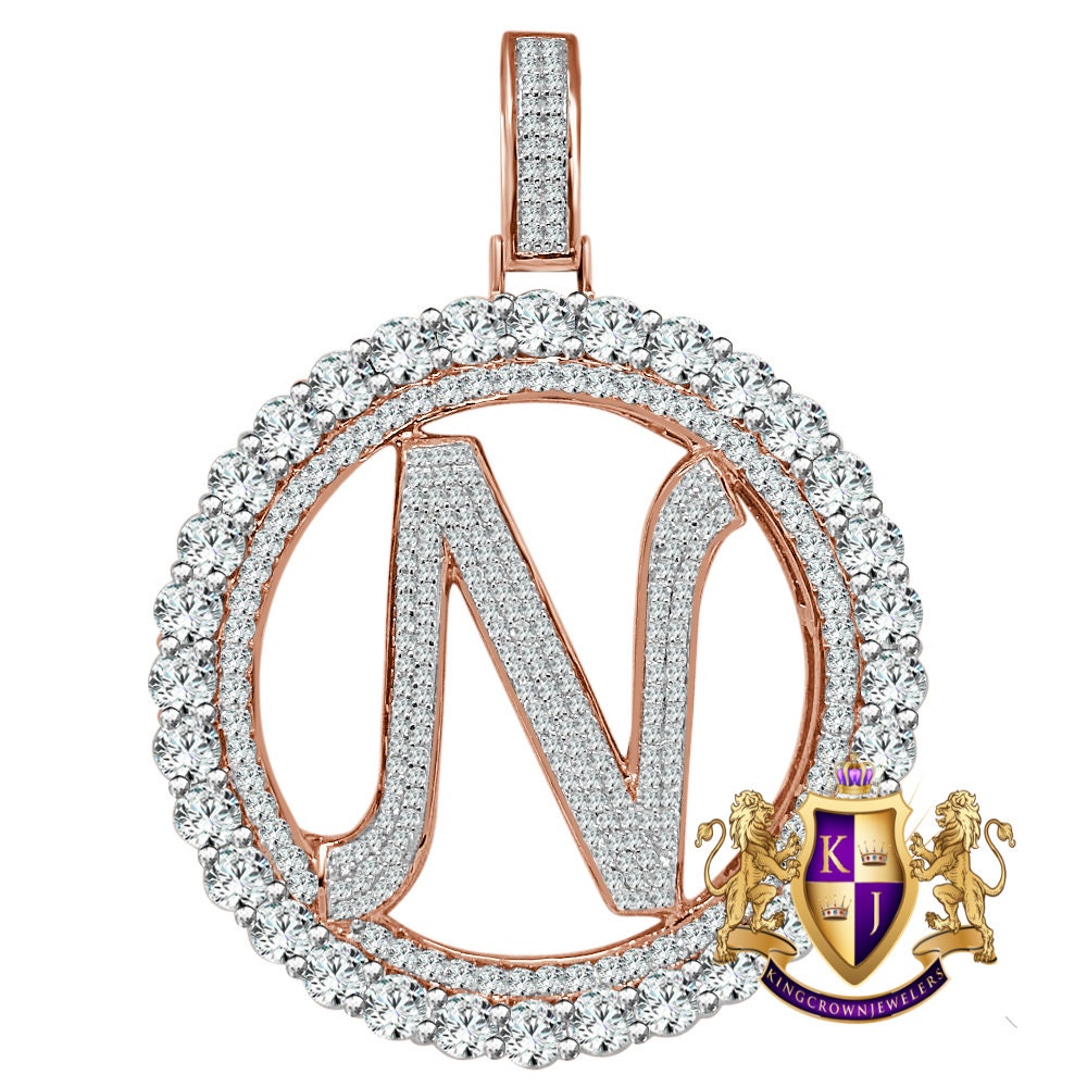 Big XL 3'' Solitaire Real Sterling Silver Gold Finish Simulated Diamond Initial Letter Alphabet "N" Pendent Charm Medallion