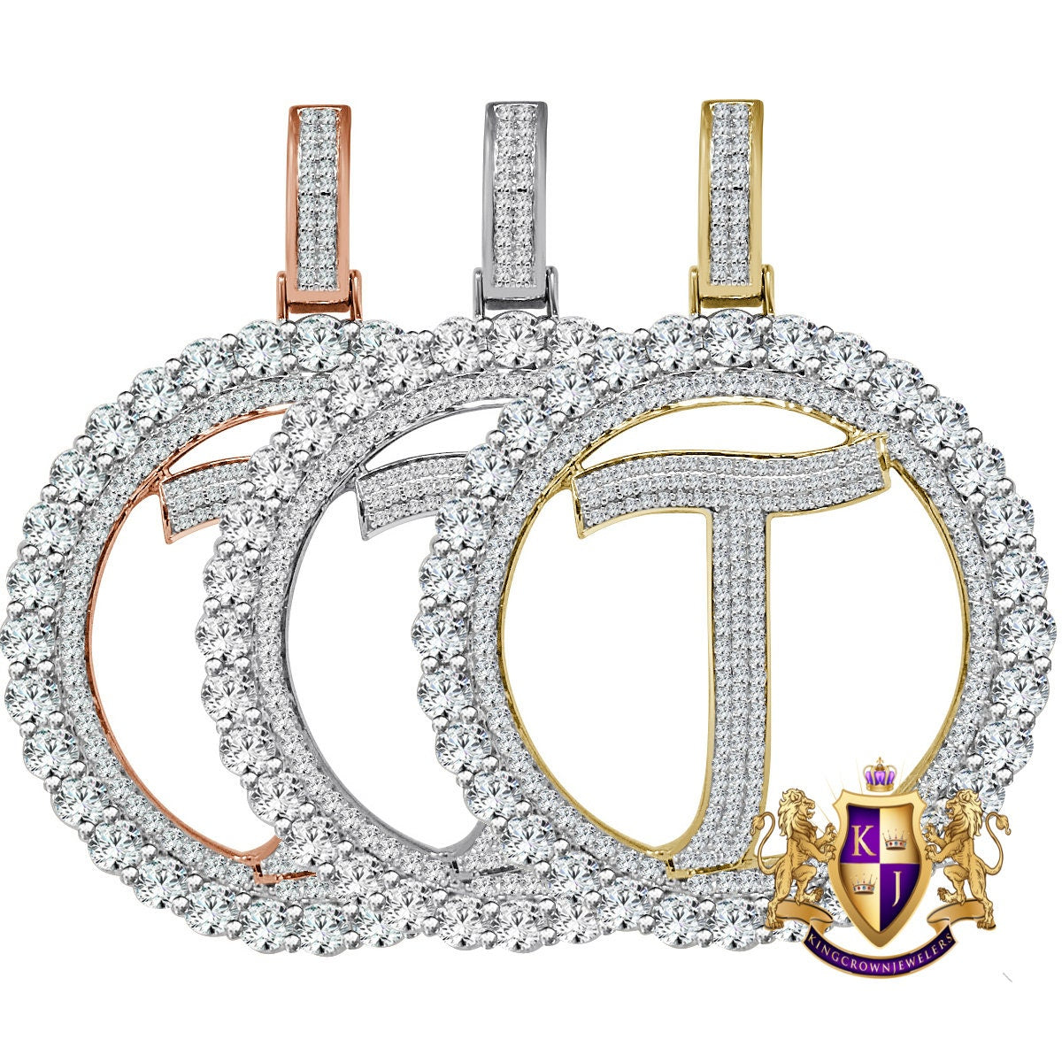 Big XL 3'' Solitaire Real Sterling Silver Gold Finish Simulated Diamond Initial Letter Alphabet "T" Pendent Charm Medallion