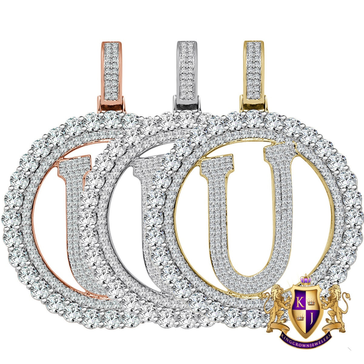Big XL 3'' Solitaire Real Sterling Silver Gold Finish Simulated Diamond Initial Letter Alphabet "U" Pendent Charm Medallion